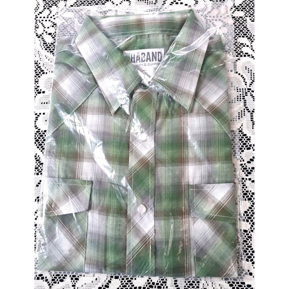 Haband Shirt Men's M Green Plaid Pearl Snap Short Sleeve‎ Western Pockets New